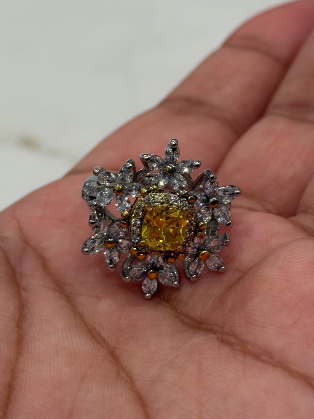 Yellow Cushion Cut Floral Statement Ring Adjustable